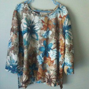 Alfred Dunner 3x Floral Blue Brown Blouse Top Lightweight Summer